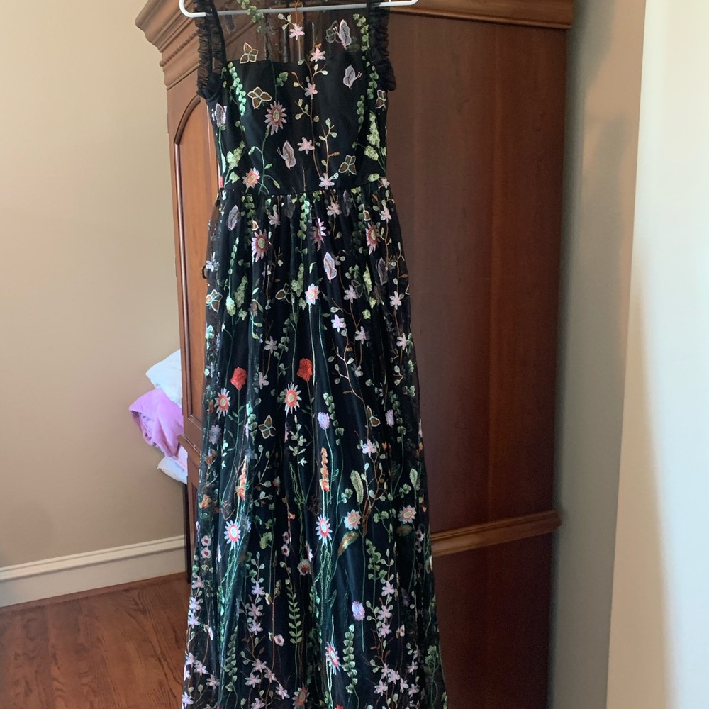 Embroidered black lace prom dress
